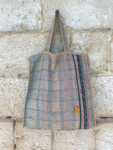 Kantha Tote - Pastel Blue Checked